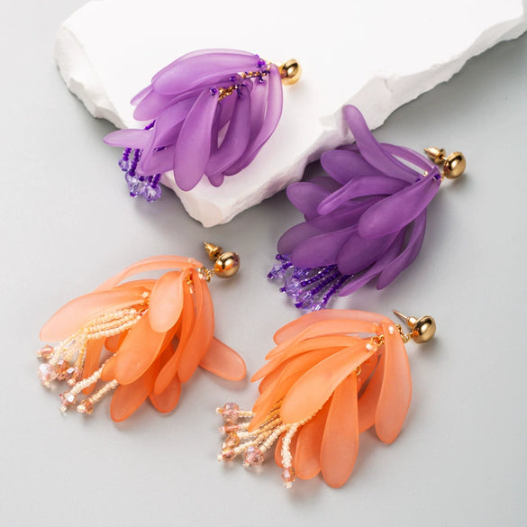 Women's Fresh Resin Petals Long Tassel Earrings With Flower Pattern And Electroplating