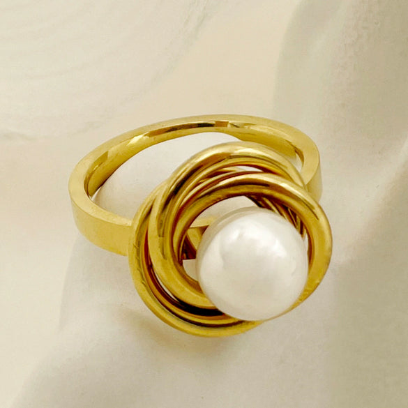 Women's Freshtwined Freshwater Pearl Stainless Steel Ring With Electroplating Design Natural Simple Retro Light Luxury Style