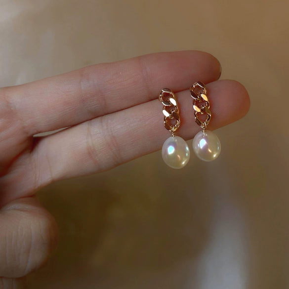 Women's Freshwater Baroque Pearl Earrings With Silver Pin Plated 14K Gold Chain