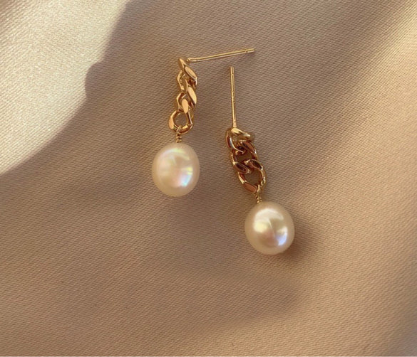 Women's Freshwater Baroque Pearl Earrings With Silver Pin Plated 14K Gold Chain