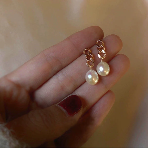 Women's Freshwater Baroque Pearl Earrings With Silver Pin Plated 14K Gold Chain