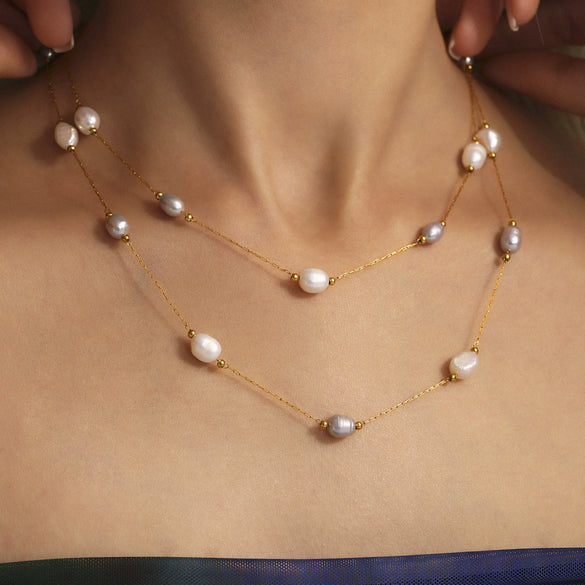 Women's Freshwater Cultured Pearl And Stainless Steel Geometric Pattern Fine Clavicle Chain With Electroplating