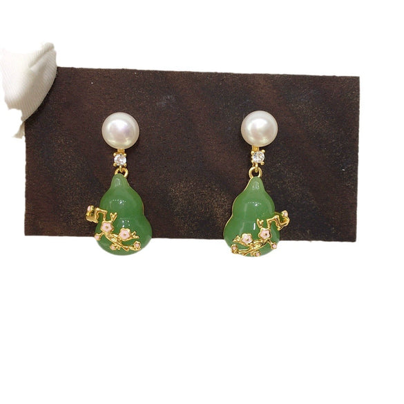 Women's Freshwater Pearl And Chalcedony Gourd Earrings With Plum Blossom Pattern S925 Sterling Silver Needle