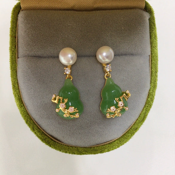 Women's Freshwater Pearl And Chalcedony Gourd Earrings With Plum Blossom Pattern S925 Sterling Silver Needle