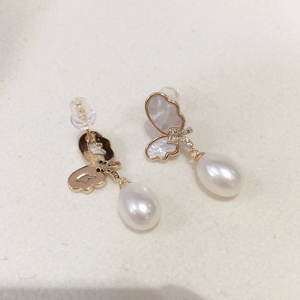 Women's Freshwater Pearl And Natural Shell Sea Motherofpearl Butterfly Earrings Rice And Droplet Shape