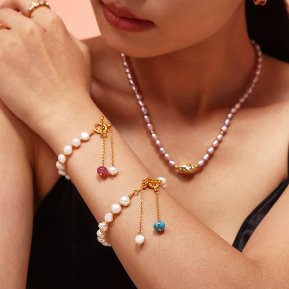 Women's Freshwater Pearl And Titanium Steel Bracelet With Geometric Pattern Natural Stone Pendant And Electroplating Ot Buckle And Tassel