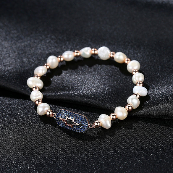 Women's Freshwater Pearl Bracelet With Zircon Accents Geometric Minimalist Copper Design With Electroplated Finish