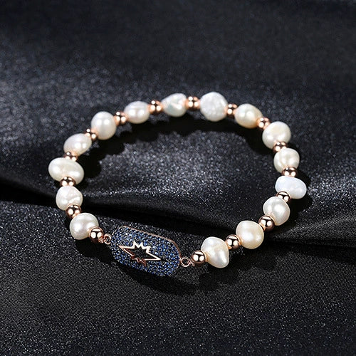 Women's Freshwater Pearl Bracelet With Zircon Accents Geometric Minimalist Copper Design With Electroplated Finish