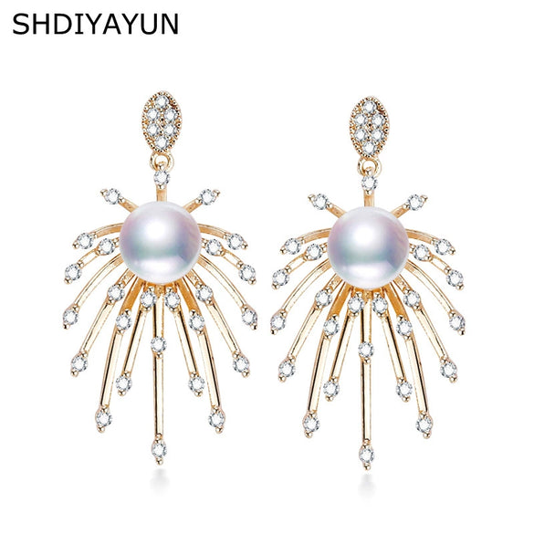 Women's Freshwater Pearl Earrings K Gold Craft S925 Silver Needle Alloy Inlaid Gemstones Round Shape