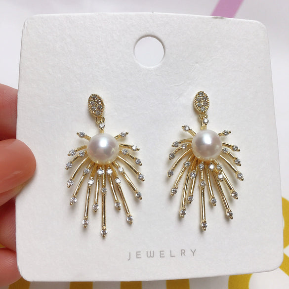 Women's Freshwater Pearl Earrings K Gold Craft S925 Silver Needle Alloy Inlaid Gemstones Round Shape