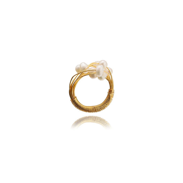 Women's Freshwater Pearl Flower Shaped Ring With Real Gold Electroplating