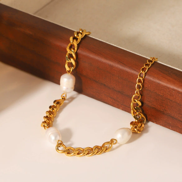 Women's Freshwater Pearl Geometric Stainless Steel 18K Goldplated Bracelet