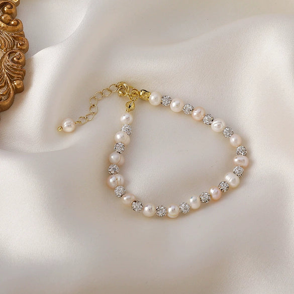 Women's Freshwater Pearl Geometric Stitching Beaded Ball Bracelet