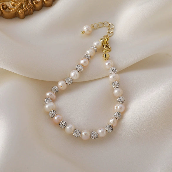 Women's Freshwater Pearl Geometric Stitching Beaded Ball Bracelet