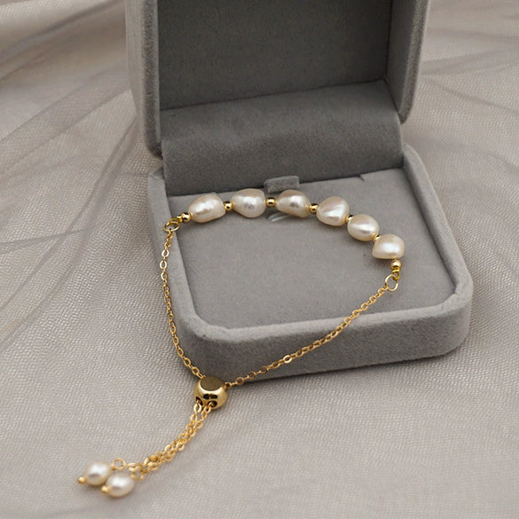 Women's Freshwater Pearl Geometric Style Titanium Steel Chain Bracelet Jewelry