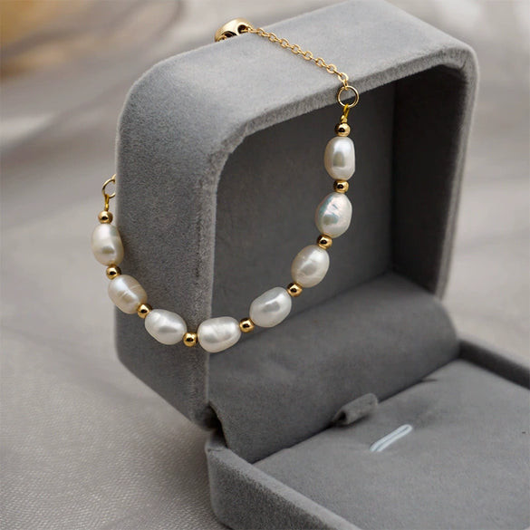 Women's Freshwater Pearl Geometric Style Titanium Steel Chain Bracelet Jewelry