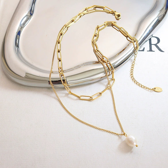 Women's Freshwater Pearl Pendant Multilayer Stacked Clavicle Necklace 316L Stainless Steel Geometric Electroplated