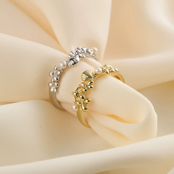 Women's Freshwater Pearl Shell Opening Geometric Style S925 Sterling Silver Ring Jewelry With Electroplating