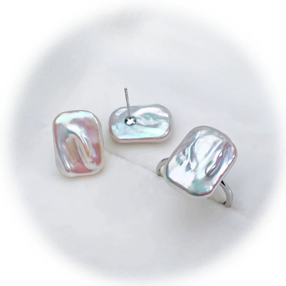 Women's Freshwater Pearl Square Baroque Sterling Silver Earrings Ring Jewelry Accessories