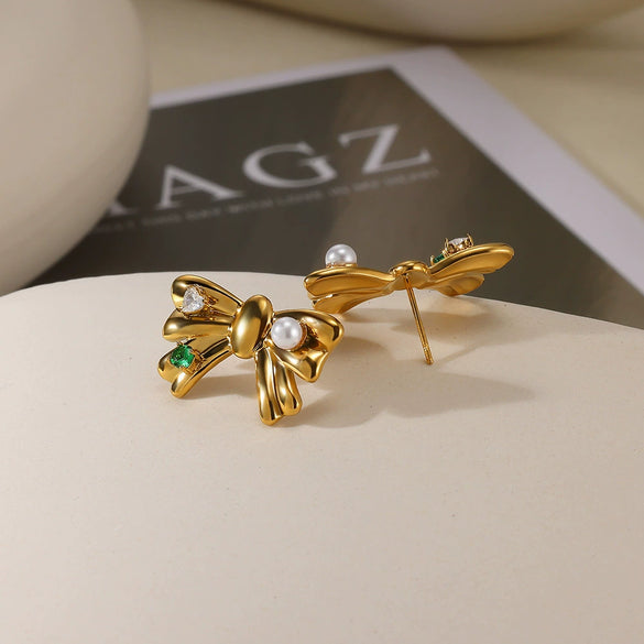 Women's Freshwater Pearl Stainless Steel Earrings With Heart Shape Bow Tie And Wave Pattern Electroplating Style