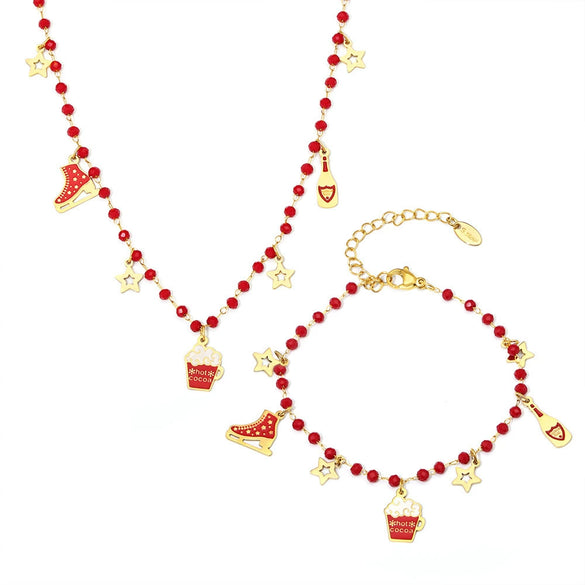 Women's Garnet Beaded Geometric Stainless Steel Necklace And Earrings Set With Electroplated Light Luxury Design
