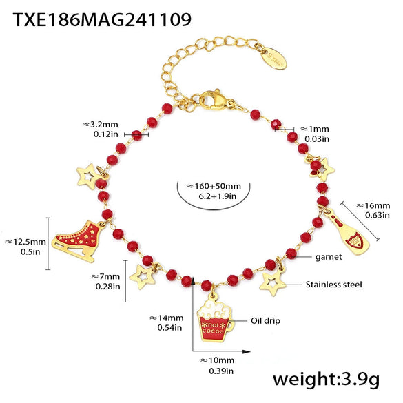 Women's Garnet Beaded Geometric Stainless Steel Necklace And Earrings Set With Electroplated Light Luxury Design