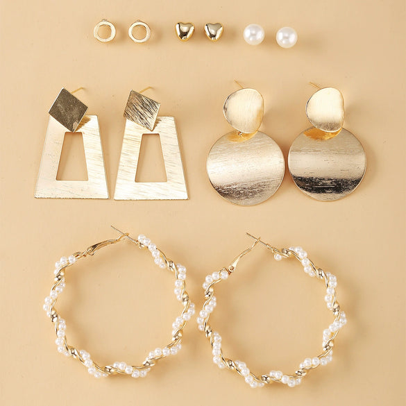 Women's Geometric Alloy Hoop Earrings With Imitation Pearl Accents And Electroplated Finish Multipair Earring Set
