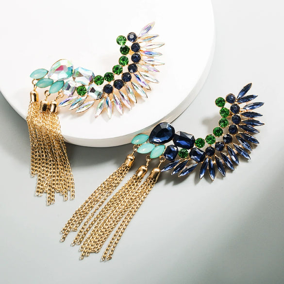 Women's Geometric Alloy Rhinestone Tassel Ear Clip Earrings With Exaggerated Fashion Design
