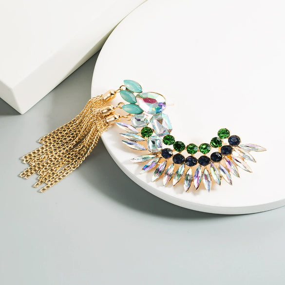 Women's Geometric Alloy Rhinestone Tassel Ear Clip Earrings With Exaggerated Fashion Design
