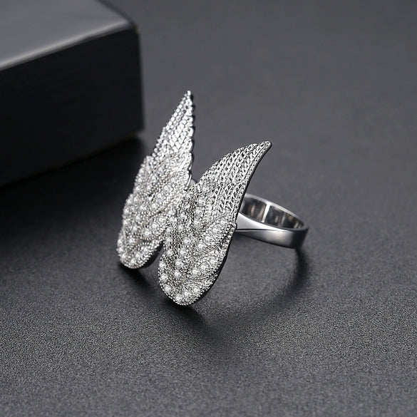 Women's Geometric Angel Wings Open Ring In Electroplated Copper With Micropavé Zirconia Adjustable Fashion Jewelry