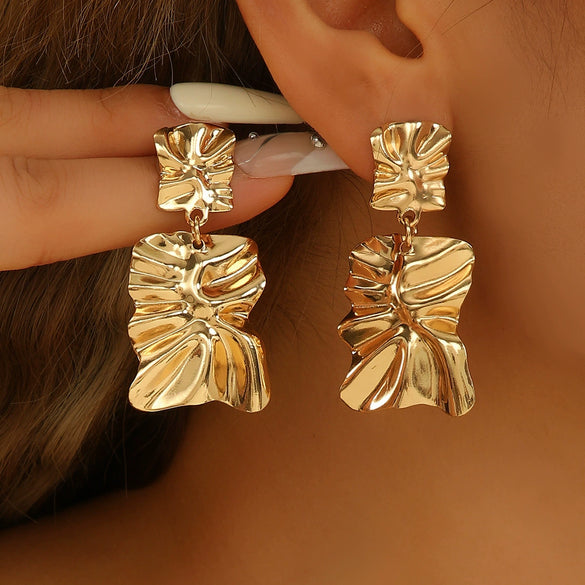 Women's Geometric Asymmetrical Pleated Statement Earrings With Electroplated Iron Design And Stainless Steel Posts