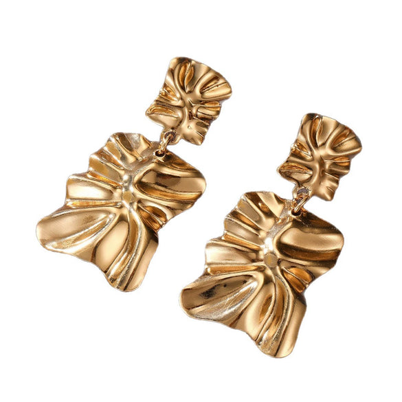 Women's Geometric Asymmetrical Pleated Statement Earrings With Electroplated Iron Design And Stainless Steel Posts