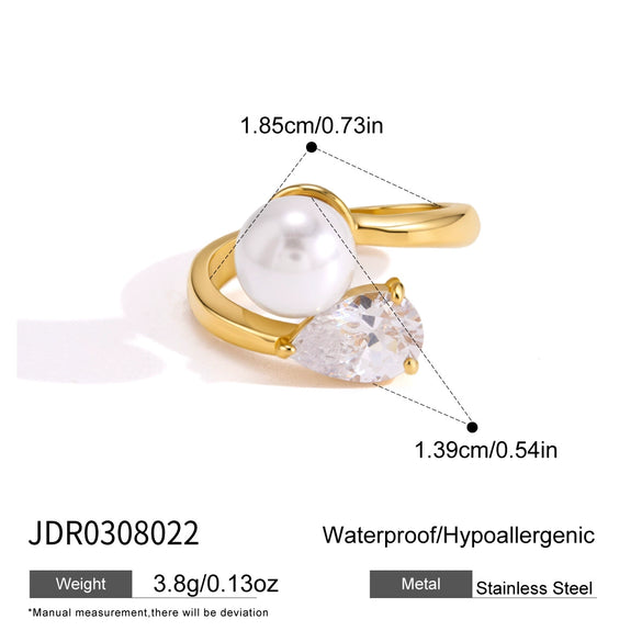 Women's Geometric Blue Zircon Pearl Ring In Stainless Steel With Vacuum Pvd Gold Plating Hypoallergenic Colorfast Jewelry