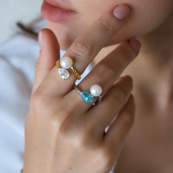 Women's Geometric Blue Zircon Pearl Ring In Stainless Steel With Vacuum Pvd Gold Plating Hypoallergenic Colorfast Jewelry