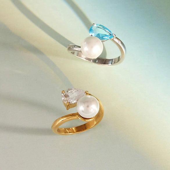 Women's Geometric Blue Zircon Pearl Ring In Stainless Steel With Vacuum Pvd Gold Plating Hypoallergenic Colorfast Jewelry