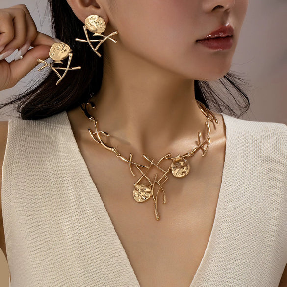 Women's Geometric Branch And Disc Jewelry Set With Electroplated Zinc Alloy Earrings And Necklace Sweet Cool Floral Design