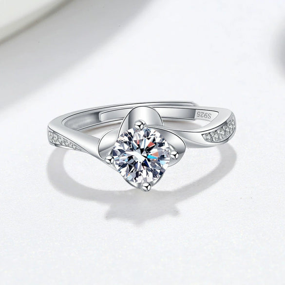Women's Geometric Bud Moissanite Ring In S925 Sterling Silver With Electroplated Finish Adjustable Open Ring