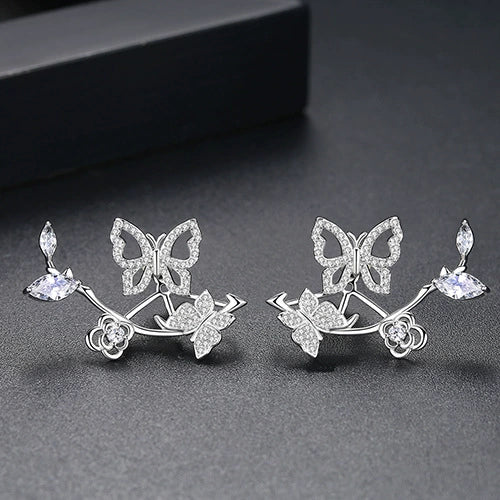 Women's Geometric Butterfly And Flower Copper Zircon Earrings With Electroplated Finish Fashion Jewelry