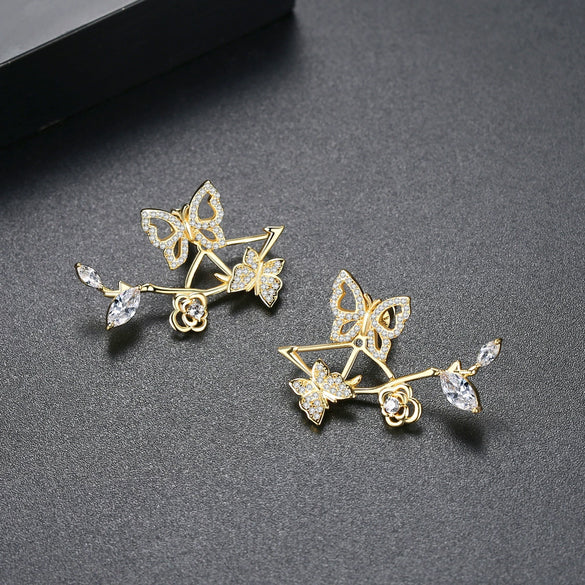 Women's Geometric Butterfly And Flower Copper Zircon Earrings With Electroplated Finish Fashion Jewelry