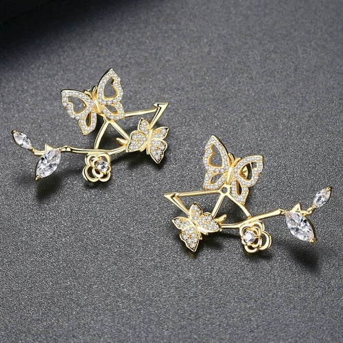 Women's Geometric Butterfly And Flower Copper Zircon Earrings With Electroplated Finish Fashion Jewelry