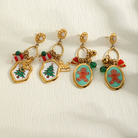 Women's Geometric Christmas Tree And Snowman Stainless Steel Vacuum Goldplated Earrings