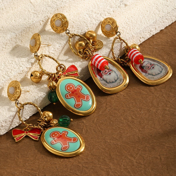 Women's Geometric Christmas Tree And Snowman Stainless Steel Vacuum Goldplated Earrings