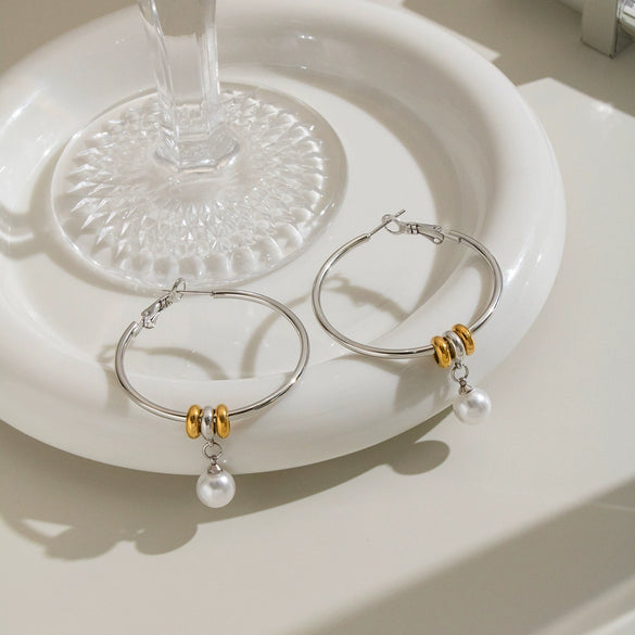 Women's Geometric Circle Imitation Pearl Drop Earrings With Stainless Steel Posts And Vacuum Gold Plating Minimalist Jewelry