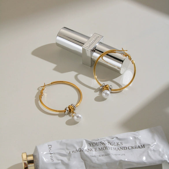Women's Geometric Circle Imitation Pearl Drop Earrings With Stainless Steel Posts And Vacuum Gold Plating Minimalist Jewelry