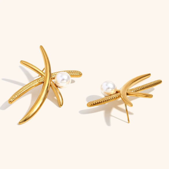 Women's Geometric Coconut Tree Pearl Drop Earrings In Stainless Steel With Gold Tone Electroplated Finish Fashion Office Style