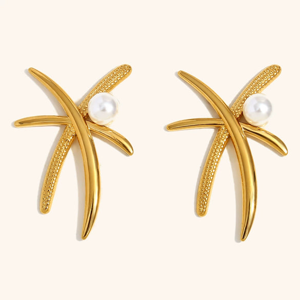 Women's Geometric Coconut Tree Pearl Drop Earrings In Stainless Steel With Gold Tone Electroplated Finish Fashion Office Style