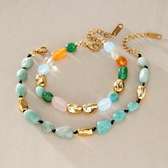 Women's Geometric Colored Natural Stone Beaded Jewelry Set With Titanium Steel Necklace And Plated Stainless Steel Bracelets