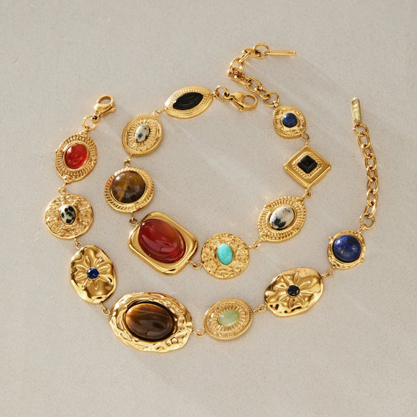 Women's Geometric Colored Natural Stone Bracelet In Hypoallergenic Stainless Steel With Gold Tone Plated Finish