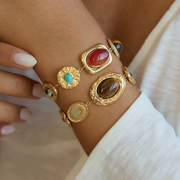 Women's Geometric Colored Natural Stone Bracelet In Hypoallergenic Stainless Steel With Gold Tone Plated Finish