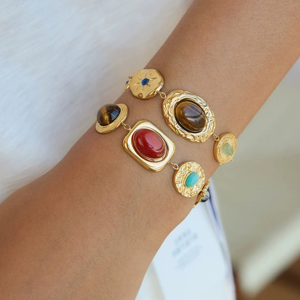 Women's Geometric Colored Natural Stone Bracelet In Hypoallergenic Stainless Steel With Gold Tone Plated Finish